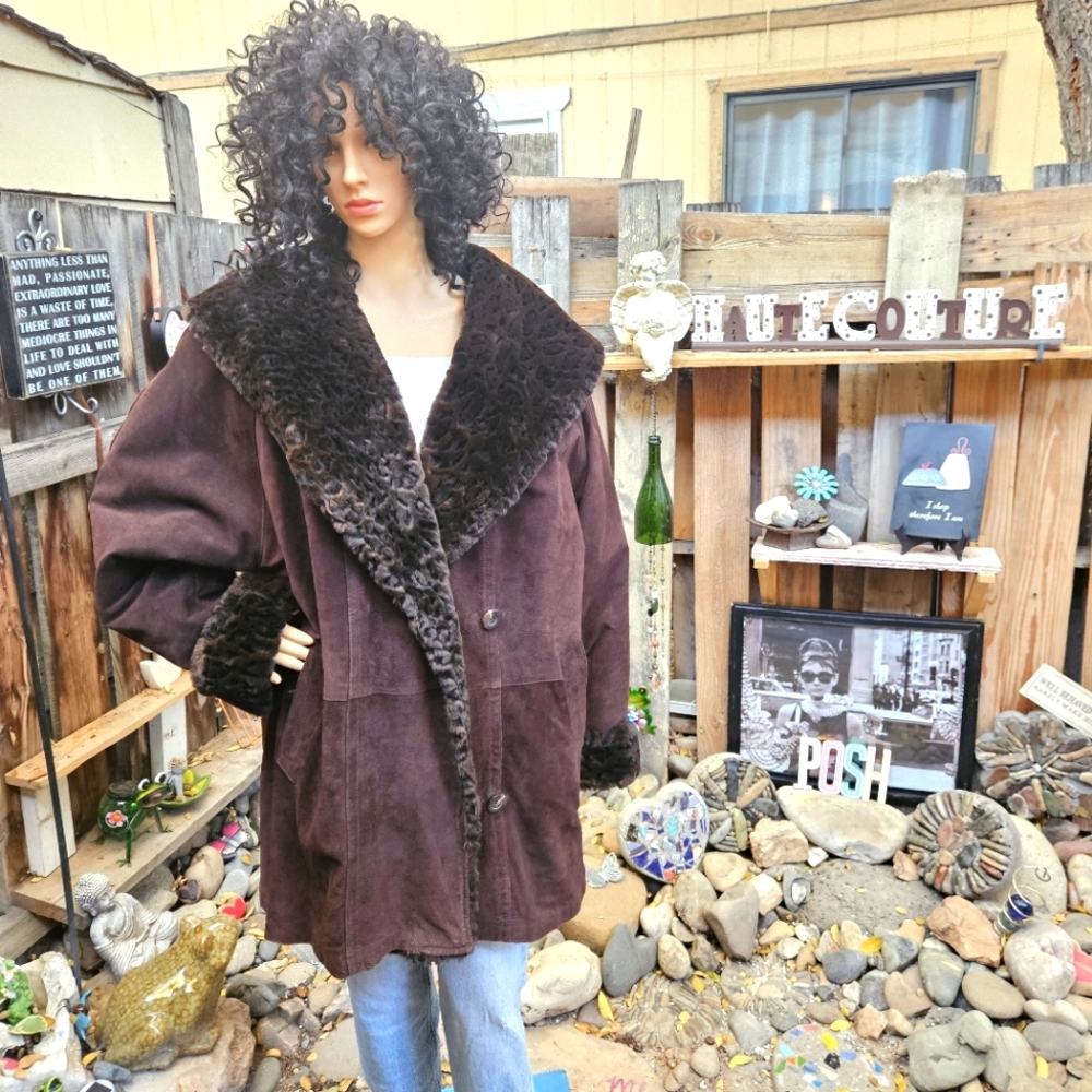 Marvin Richards vintage reversible suede leather faux fur coat with shawl collar